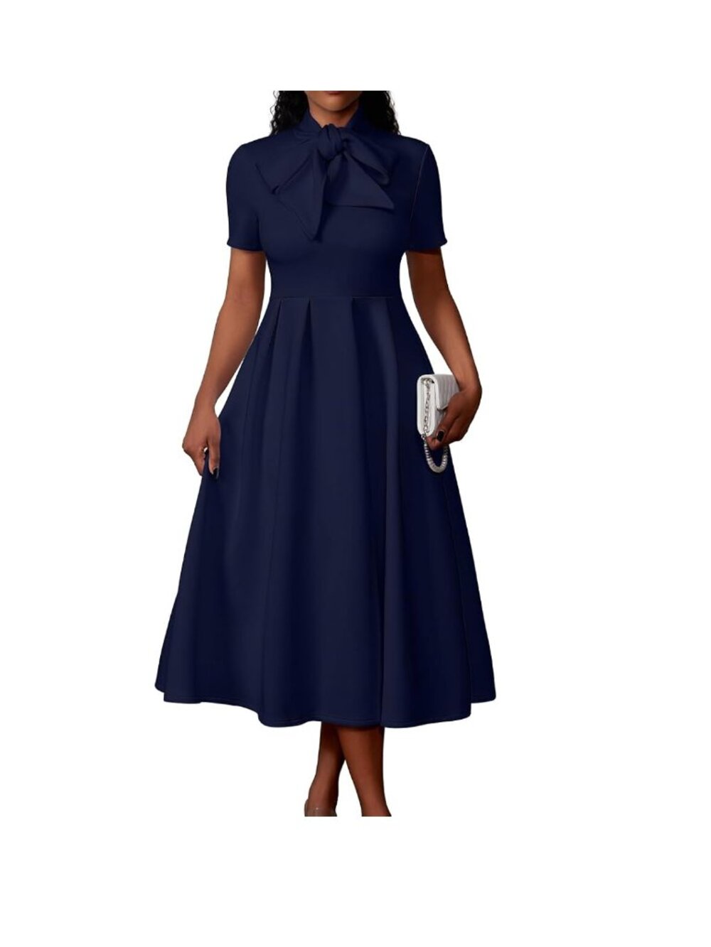 NWOT Navy Blue Short Sleeve Bow Tie Neck Flared Pleated Skirt Midi Dress, Size L